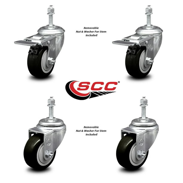 3 Caster 2 w//brake Polyurethane Wheel 3//8 Threaded Stem Set of 4